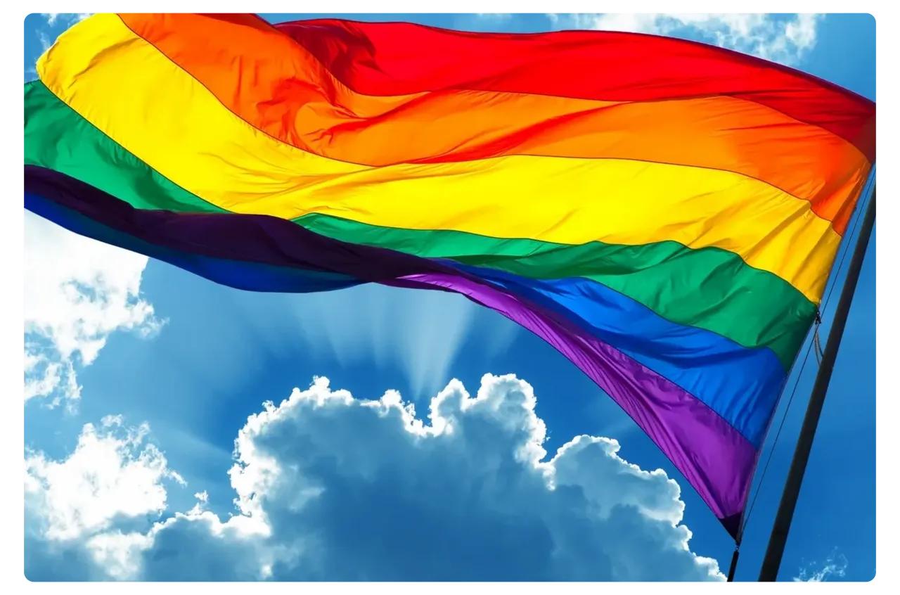 Rainbow LGBTQ+ pride flag waving against blue sky